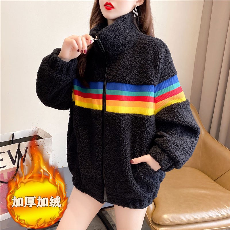 加厚加绒彩虹条纹卫衣大码高领仿羊羔毛外套秋冬韩版宽松时尚上衣