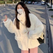 小香风羊羔毛外套女2024新款秋冬季毛毛茸茸仿兔毛绒皮草加厚棉服