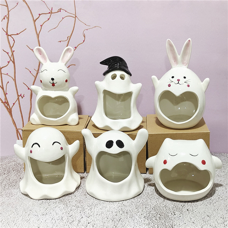 Creative Halloween Cute Ghost Candlestick Decoration Vessel Cross-Border Hot Sale High Temperature White Porcelain Aromatherapy Candle Smaller Container