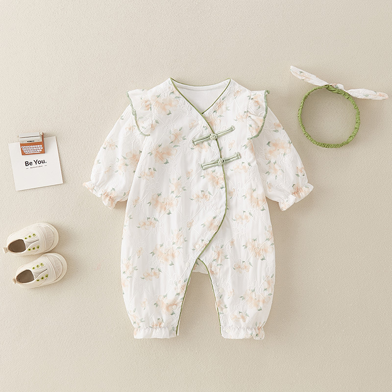 Baby Jumpsuit Spring and Autumn Class a Pure Cotton Baby Girl Spring Clothes Double Layer Romper Newborn Outing Clothes Romper Baby Clothes