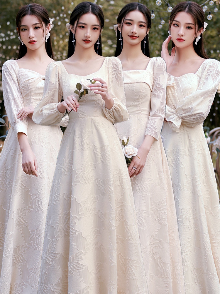 伴娘服2022春季新款长袖香槟色日常蕾丝姐妹团晚礼服女工厂货源