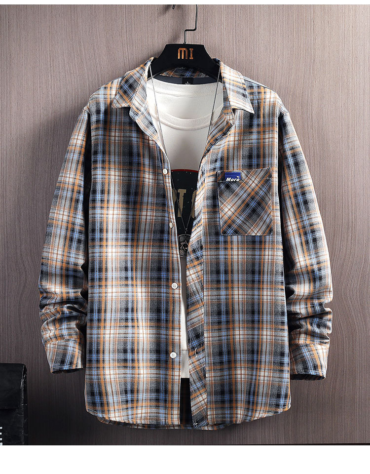 2021秋季新款男士港风翻领格子长袖衬衫韩版青少年休闲男衬衣潮流