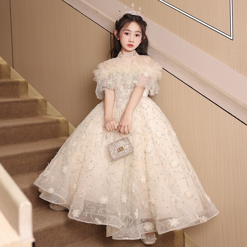 儿童礼服公主裙2024新款花童婚礼女童重工主持人走秀钢琴演出服装