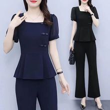 跨境2024夏装女新款时尚套装气质减龄显瘦大码女装纯色韩版两件套