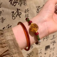 新中式古风仿琥珀手镯竹节玫瑰手链女复古设计汉服配饰高级感轻奢