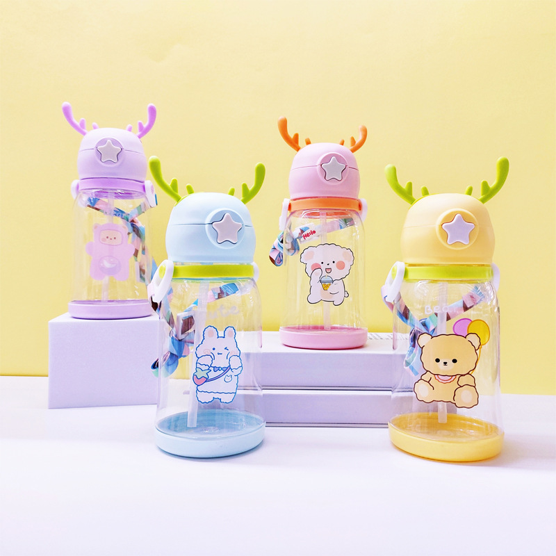 New Cup Cartoon Drinking Cup Children's Large Capacity Bear Antlers Plastic Cup Student Gift Cup with Straw Wholesale