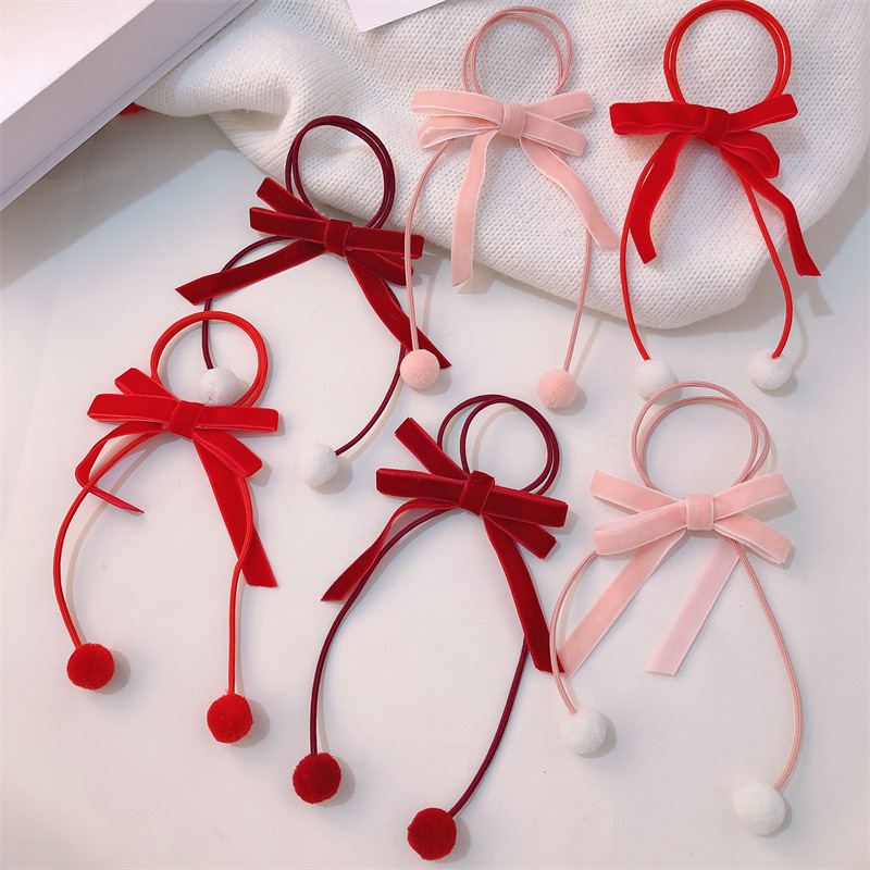 红色丝绒蝴蝶结发圈少女毛绒橡皮筋头绳高弹力马尾发绳发饰批发