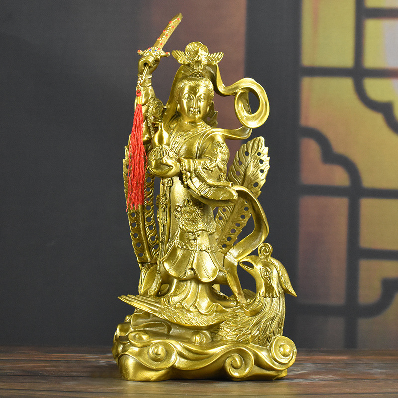 黄铜九天玄女铜像摆件大号九天娘娘供奉坐像圣母佛像道教凤凰摆件