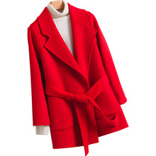 工厂批发女双面呢子外套羊毛腰带中长款西装领纯红色羊毛大衣代发
