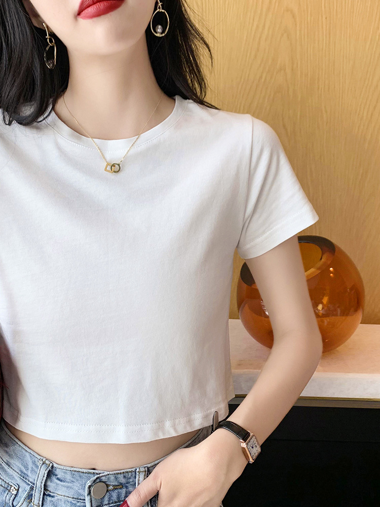 全棉短袖t恤女2021年新款纯色百搭圆领体恤露脐短款上衣ins潮网红