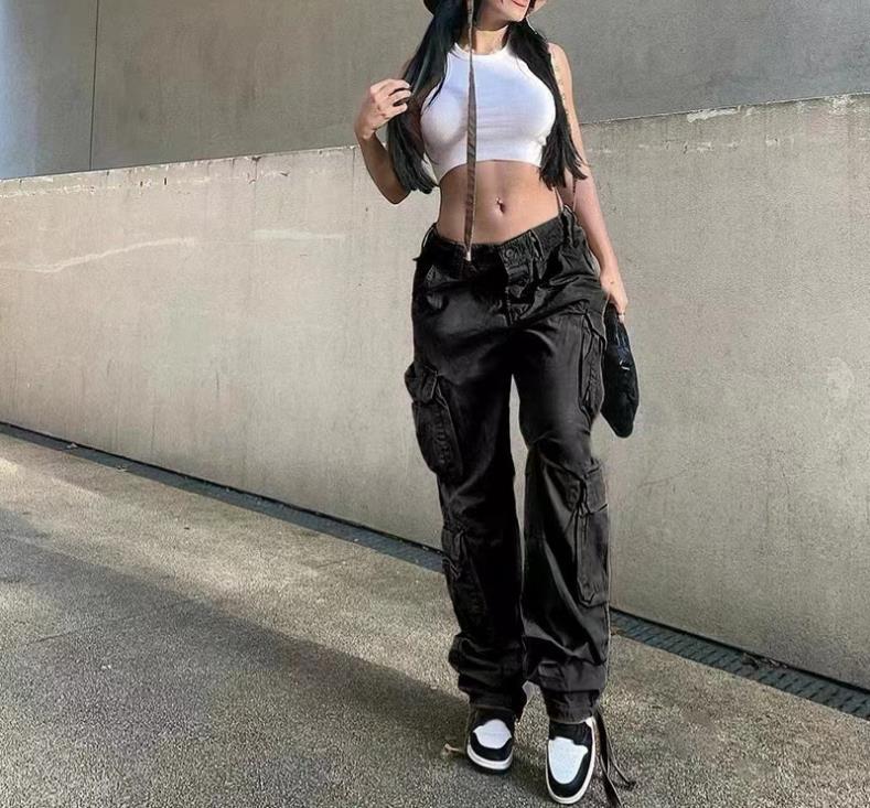 1 European and American New Foreign Trade Cross-Border Women's Clothing Street Hip Hop Style Low Waist Multi-Pocket Multi-Pocket Workwear Casual Pants Long