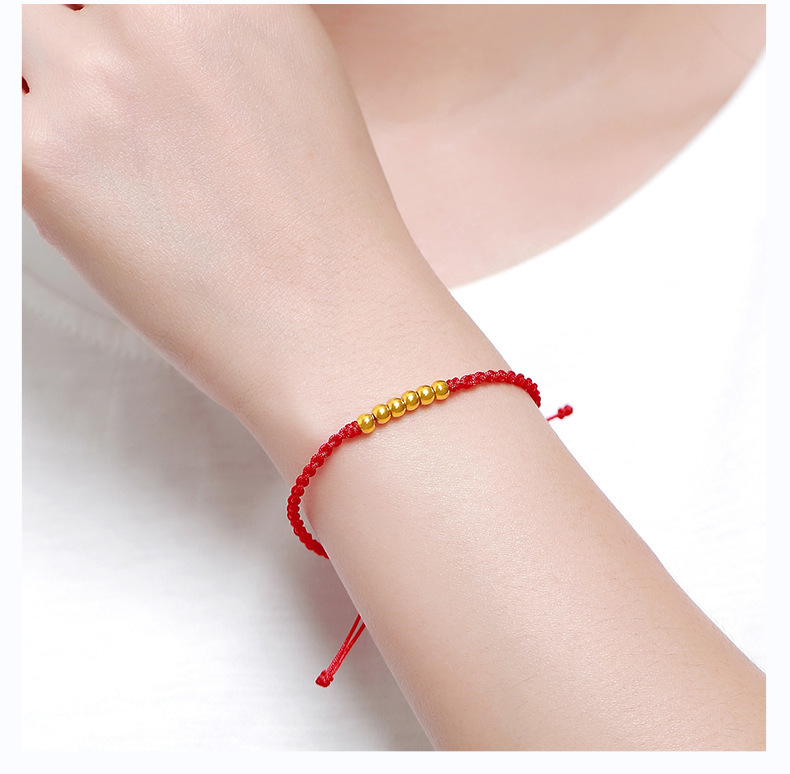 金豆豆5d硬金手链男女情侣转运珠女神节礼物 999足金金珠红绳手链