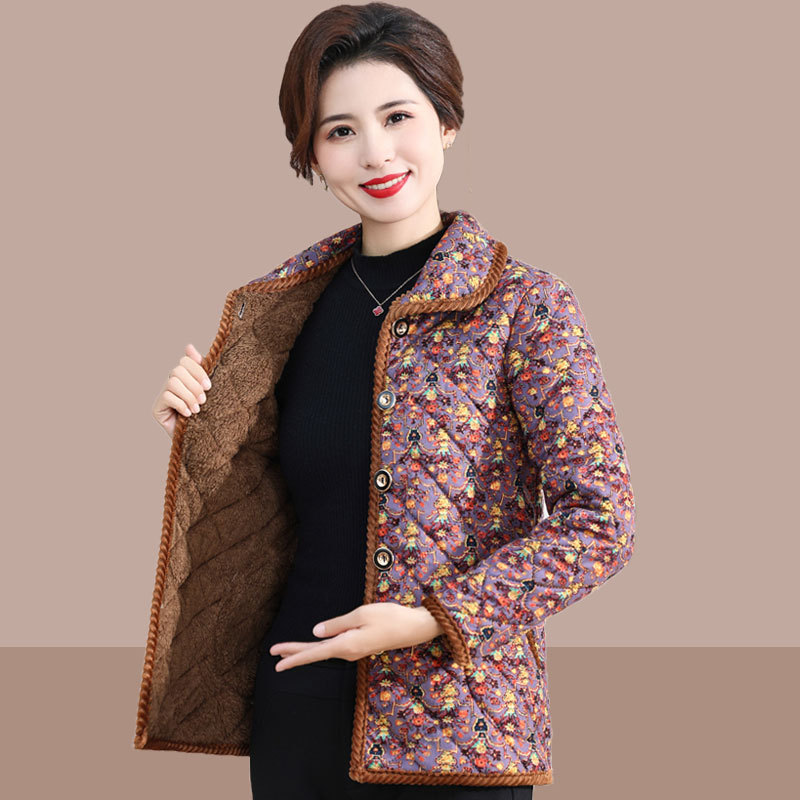 Middle-Aged and Elderly Women's Clothing Winter Warm Lapel with Velvet Thickened Cotton-Padded Coat Mom Coat Flower Cotton-Padded Jacket Grandma Cotton Jacket Top