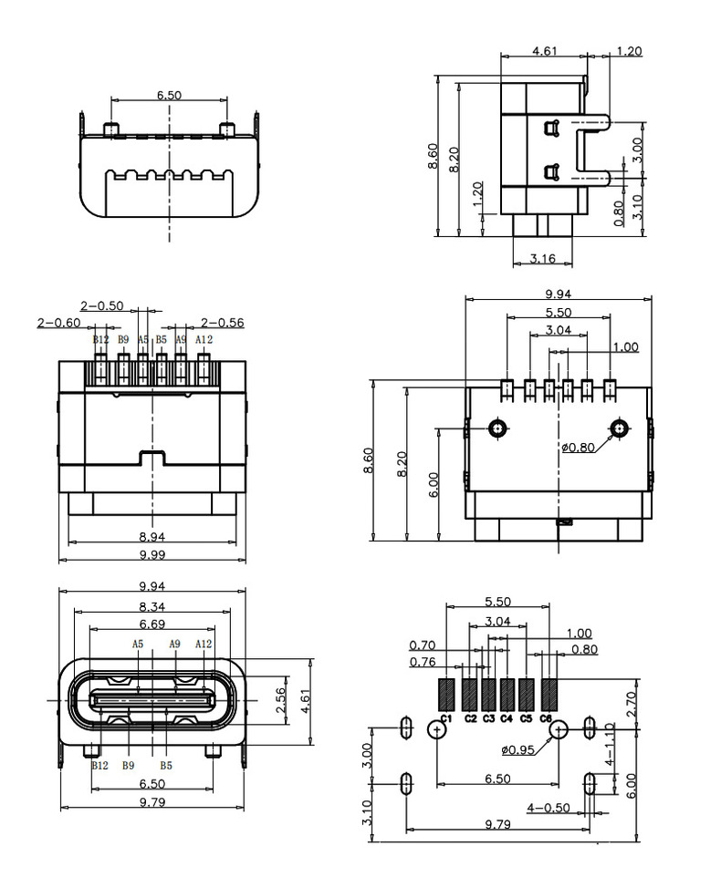 防水type-c6p母座 usb母座type-c6p连接器usb插座接口源头工厂