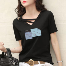 棉v领短袖t恤女2024夏季韩版新款宽松显瘦百搭设计感印花上衣潮