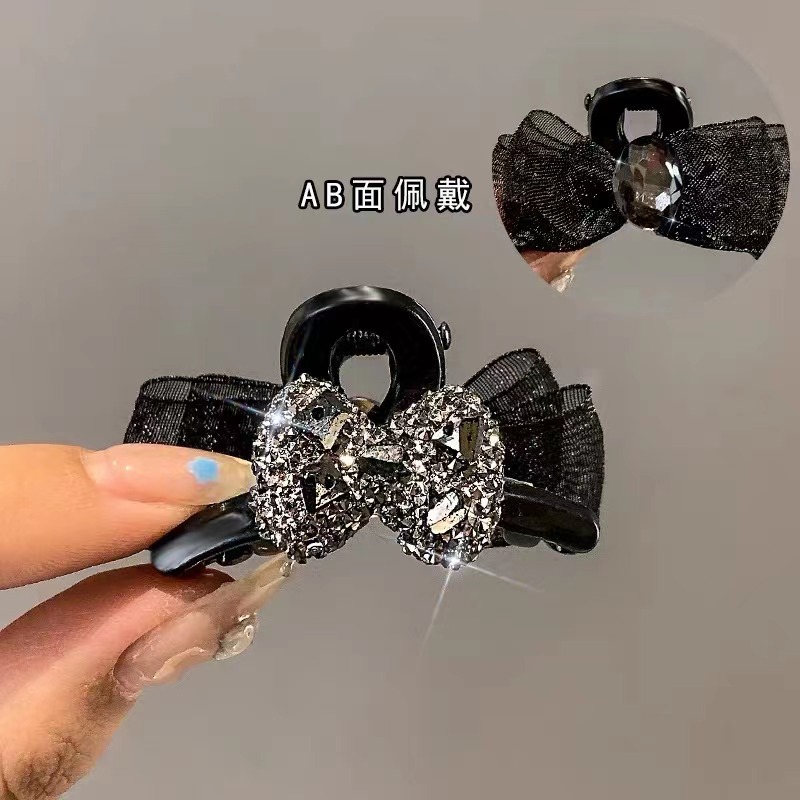 Double-Sided Bow Small Jaw Clip Mesh Rhinestone Barrettes High-Grade Bangs Hair Clip for Broken Hair Barrettes High Skull Top Light Luxury Hair Accessories