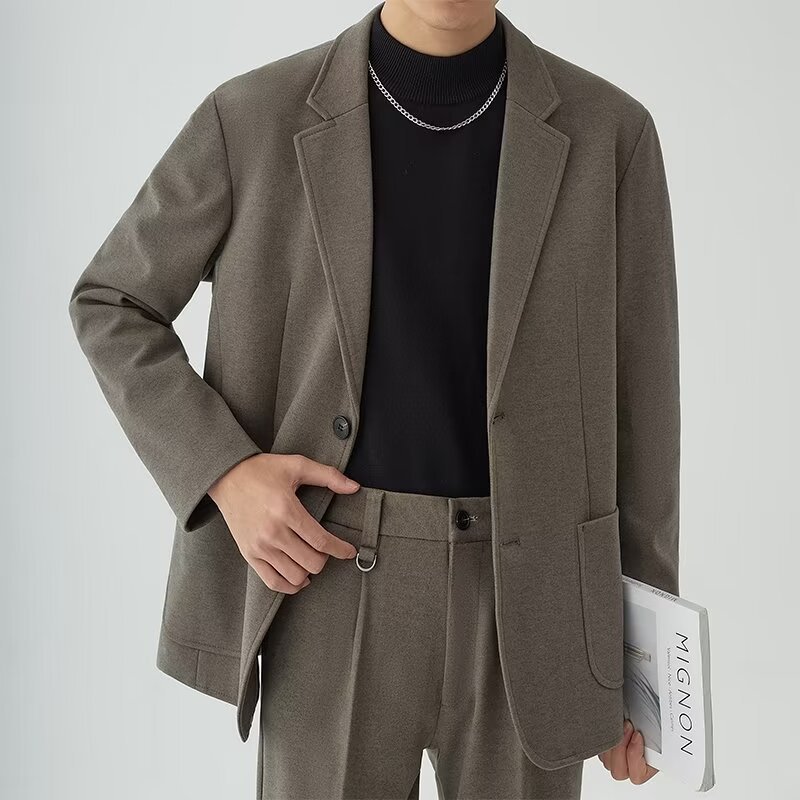 秋冬新款加厚保暖毛呢休闲西服男韩版宽松西装外套男上衣一件代发