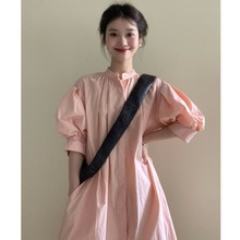 粉色短袖衬衫高级感连衣裙女夏季新款宽松显瘦法式气质简约长裙子