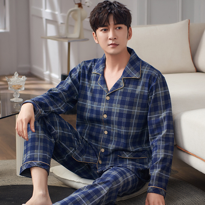 睡衣睡裤套装男士纯棉薄中年爸爸大码日本春秋长裤长袖开衫家居服