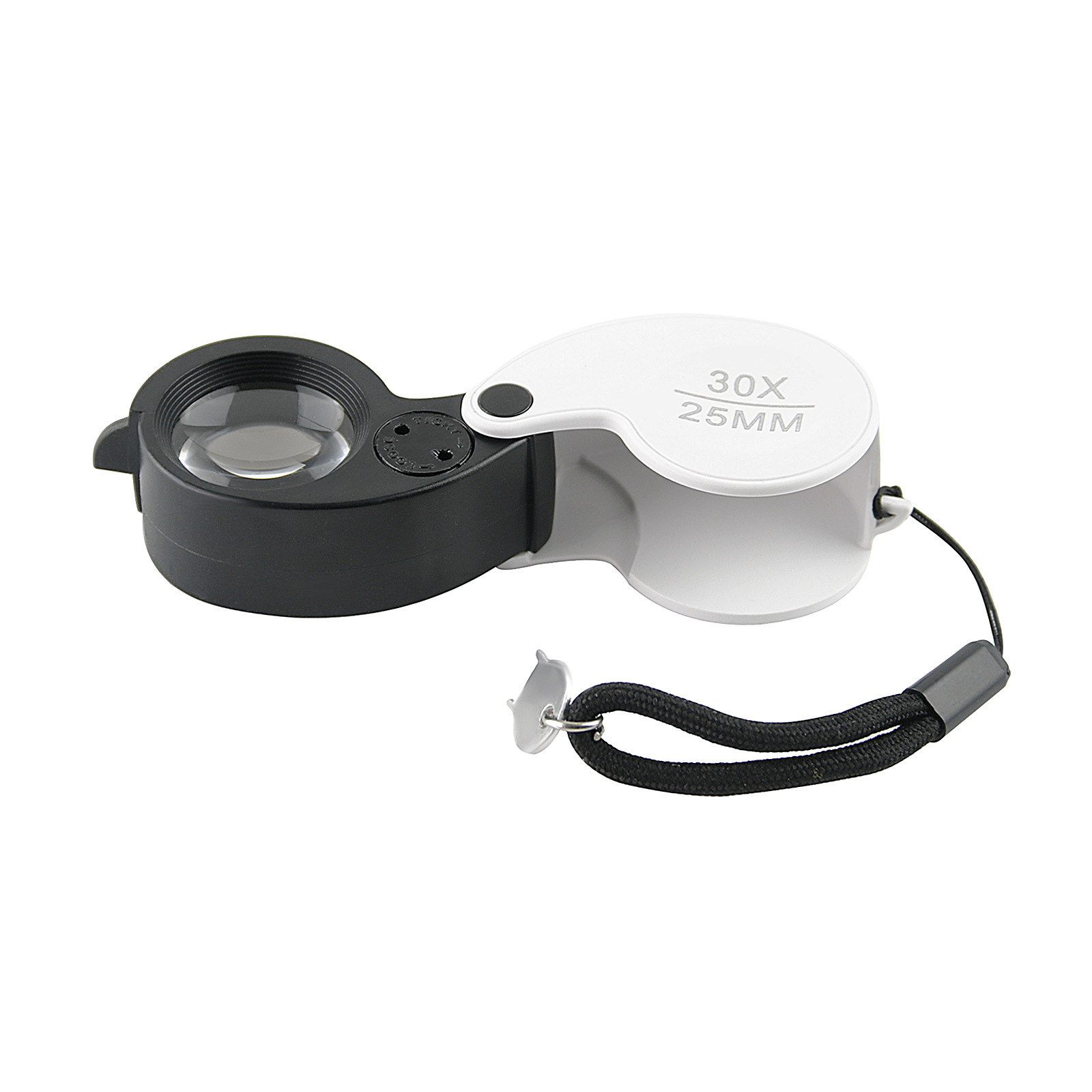 批发30倍25mm袖珍折叠式珠宝古玩钻石鉴定放大镜双led光源带提绳