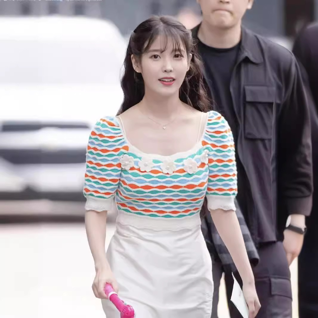 iu李智恩同款法式甜美方领立体珍珠花朵撞色提花短款针织衫上衣女