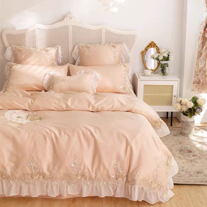 法式轻奢100s长绒棉刺绣四件套蕾丝公主风结婚庆床上用品粉色