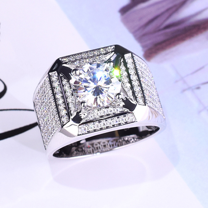 土豪霸气豪华镶嵌满钻男戒d色莫桑钻石戒指银镀18k金戒指男神礼物