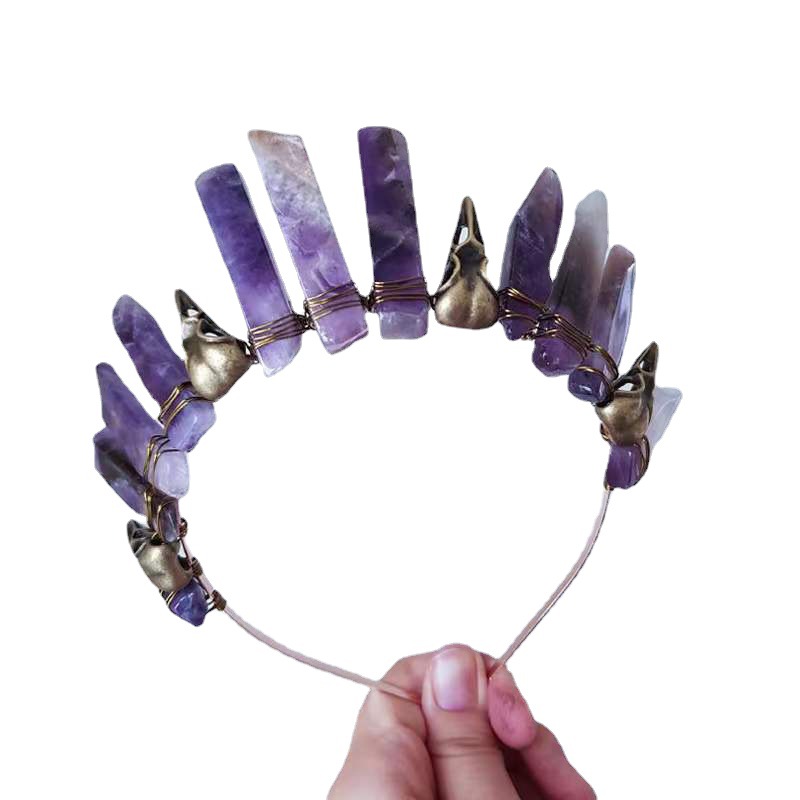 乌鸦紫水晶皇冠 巫婆节日哥特婚礼石英发箍头饰波希米亚皇冠头饰