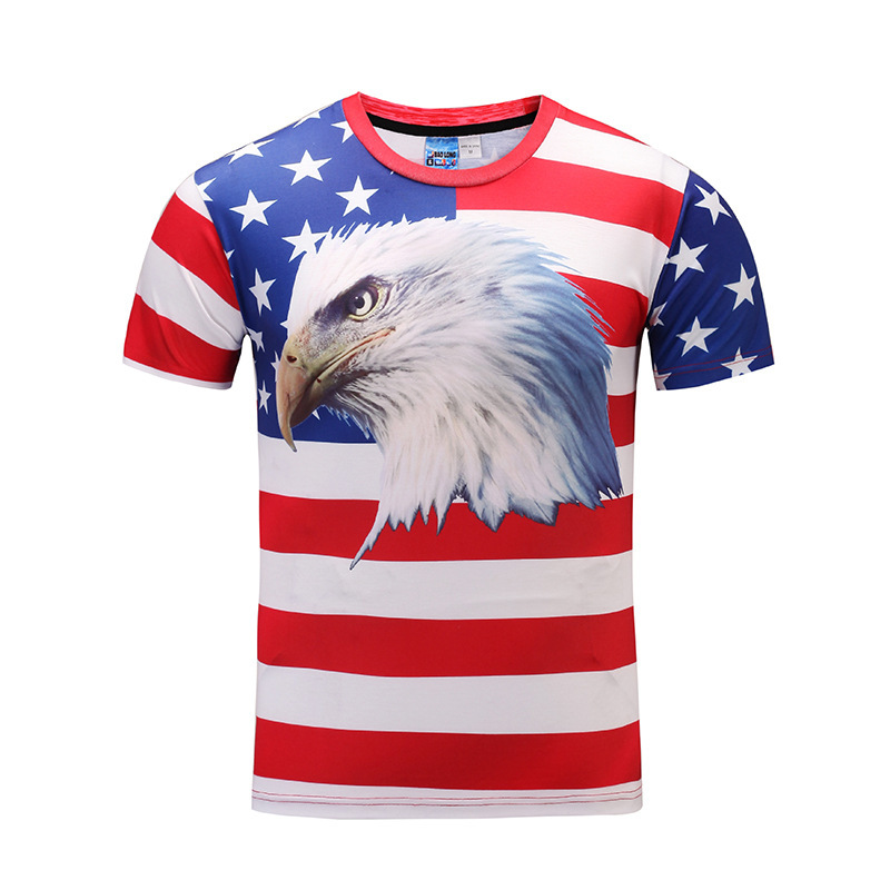 新款3d短t数码印花条纹国旗老鹰头图案逼真创意短袖亚马逊现货供