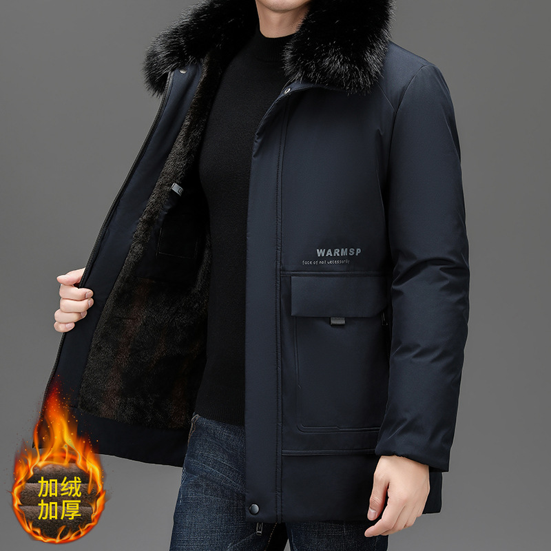 恒源祥 羽绒服男爸爸装保暖中长款棉衣连帽中年男士棉服 冬装外套