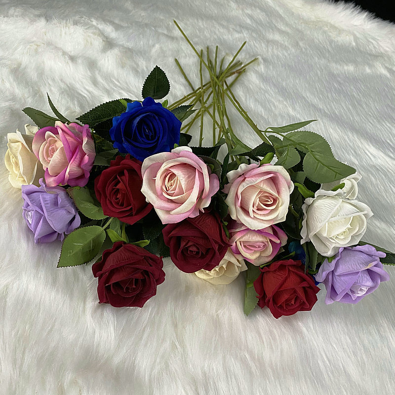 Meichen Single Flannel Rose Home Decoration Hotel Wedding Simulation Flower Soft Fake Flower European Single Flower Arrangement