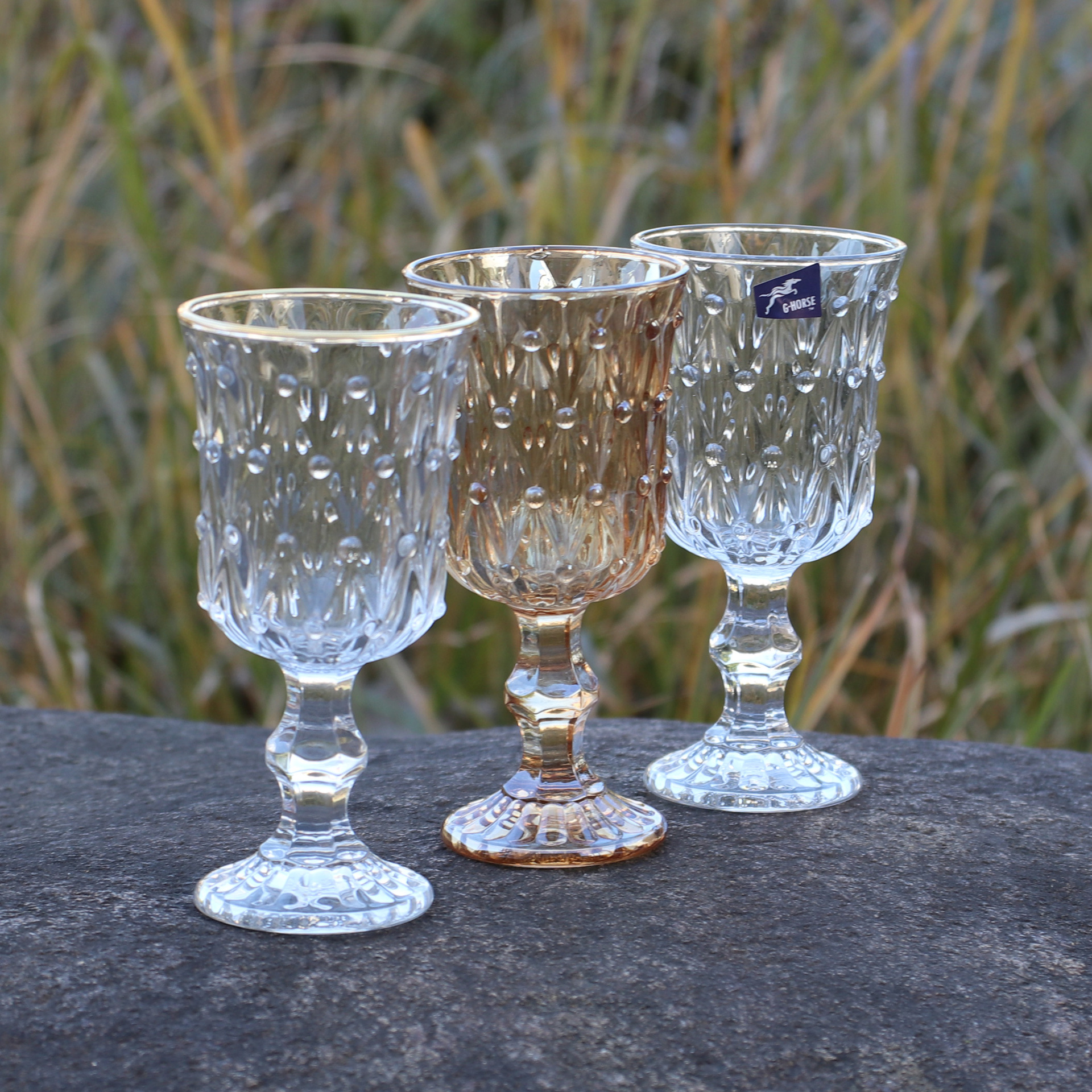 透明水晶玻璃杯高脚杯菱形珠点花纹香槟杯描金电镀红酒杯酒具批发