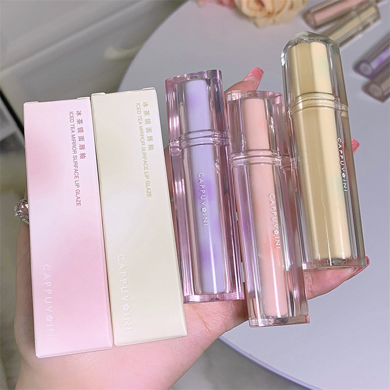 Iced Tea Mirror Lip Lacquer Water Light Lip Gloss Glass Jelly Lip Lipstick No Stain on Cup Long-Lasting White Gentle Pure Desire Niche