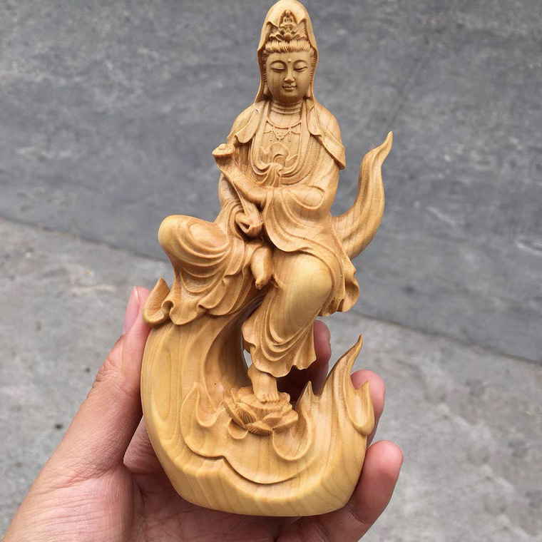 崖柏坐火焰观音木雕摆件 禅意自在观音佛像实木雕刻家居办公装饰