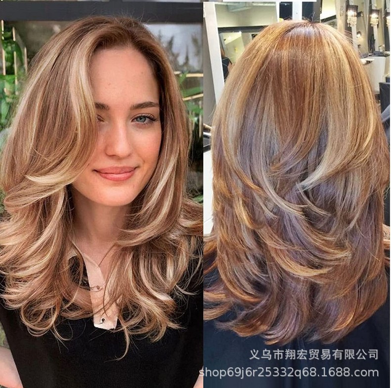 欧美假发女金色挑染中长卷发假发波浪卷蓬松合成发头套跨境批发