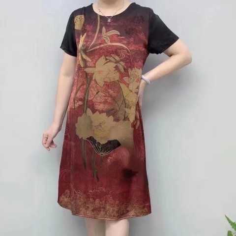Foreign Trade Popular Style New round Neck Positioning Printed Short-Sleeved Dress Western Style All-Matching Skirt Large Size Mom's Clothing Delivery