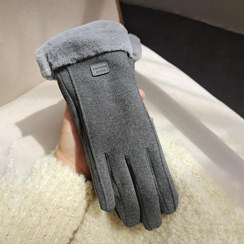 Women's Winter Warm Riding Gloves Korean Style Fleece-Lined Thickened Cold Protection Windproof Touch Screen Winter Suede Dralon Student