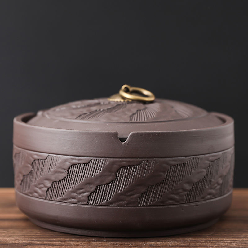 原矿紫砂家用烟灰缸复古创意陶瓷大烟缸防风防飞灰带盖客厅办公室