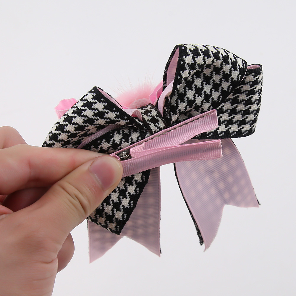 Korean Style Houndstooth Bowknot Children Barrettes Double Layer Fabric Girls' Hair Band Baby Plaid Headband Vintage Hair Accessories