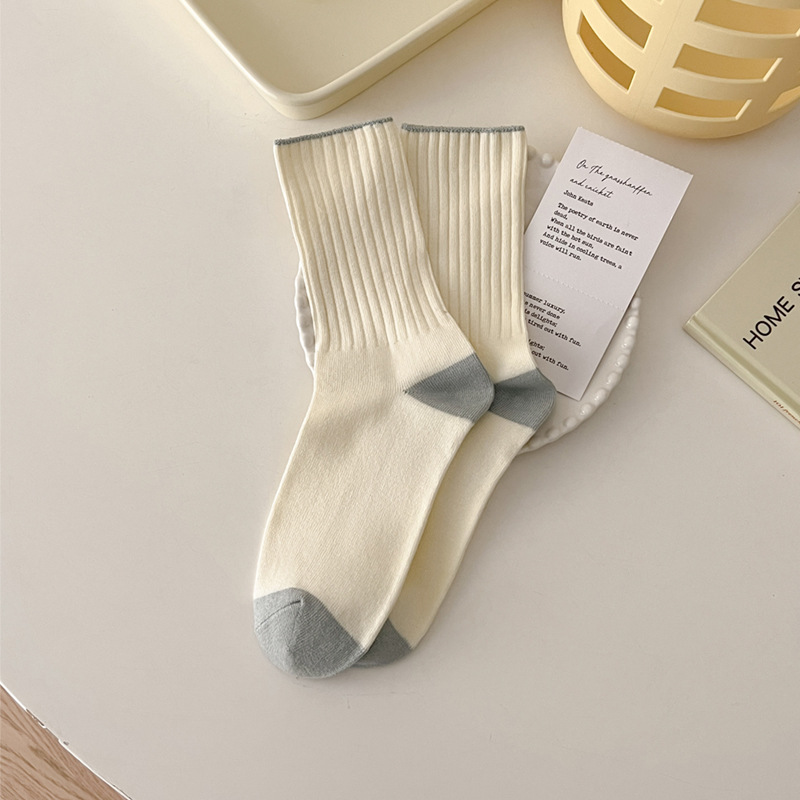 Suxinaimin Xiaohongshu Ins Trendy Contrast Color Female Spring and Autumn Japanese Style Simple White Bunching Socks Cotton Mid-Calf Length