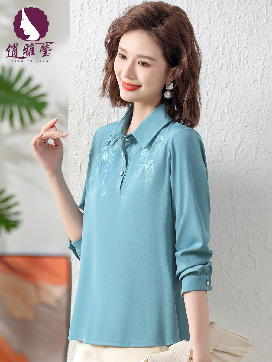 Middle-Aged Women's Bottoming Shirt Autumn T-shirt Long Sleeve Lapel Embroidered Solid Color Elegant Large Size Mom Shirt