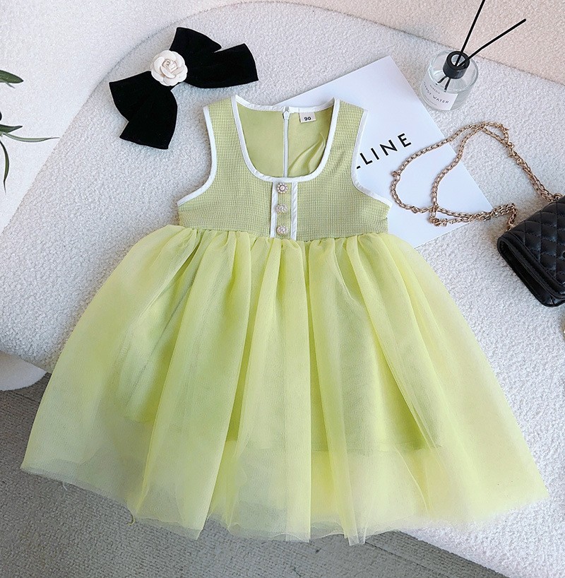 Korean Style Girls' Dress 2023 Spring New Baby Girl Vest Dress Mesh Fashion Children Princess Dress