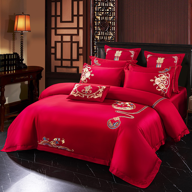 High-End Wedding Four-Piece Set Wedding Bedding Embroidered Red Long-Staple Cotton Dragon and Phoenix Daxi Bed Sheet Duvet Cover Bed Skirt