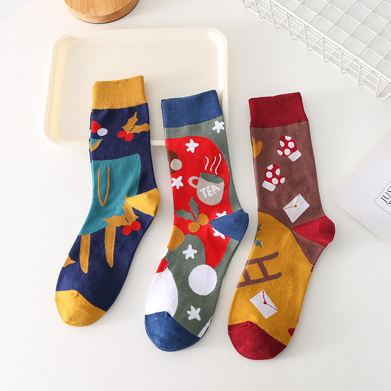 春秋袜子女奇趣圣诞袜可爱卡通刺绣圣诞节礼物情侣男士中筒袜子