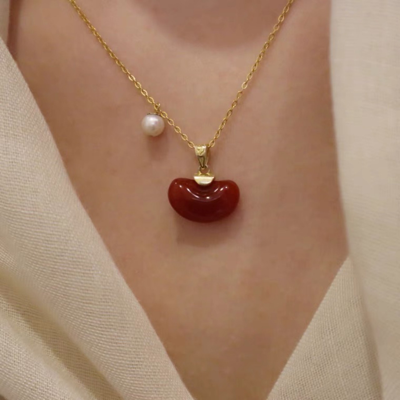 相思豆红玛瑙项链s925彩银女锁骨转运红豆吊坠链送女友情人节礼物