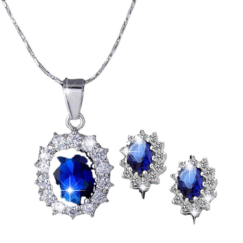 European and American High-End Diamond Sapphire Royal Princess Same Style Stud Earrings Necklace Set Cross-Border Jewelry Hot 3625