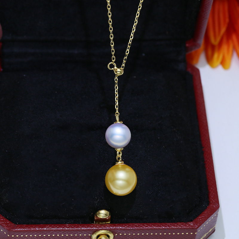 diy银饰配件 s925纯银双珠调节项链银托 珍珠吊坠项坠锁骨链空托