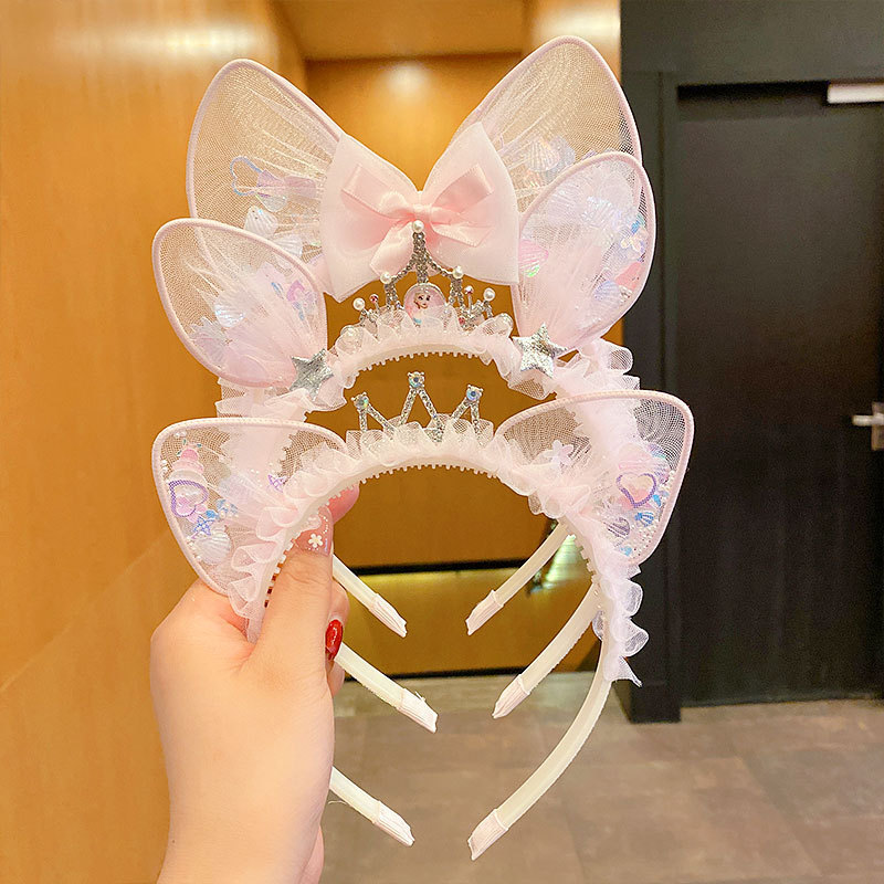 Children's Cute Headband Spring Princess Pink Headdress Rabbit Ears Toothed Non-Slip Headband Girls' Mesh Hairpin Hair Ornaments