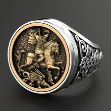 健杰独特的主权男士戒指 圣乔治肖像画镀925双色罗马士兵龙戒指