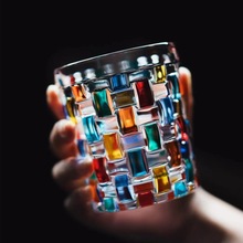 意大利纯手工手绘彩色玻璃水晶杯珐琅彩色杯条纹杯威士忌洋酒杯